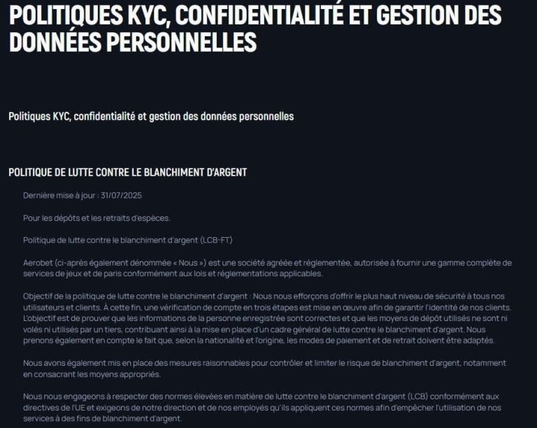 Aerobet Casino politiques